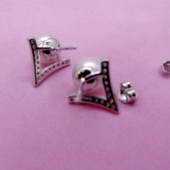 Silver V-shaped White Pearl & CZ Stud Earrings - Picture 7 of 7
